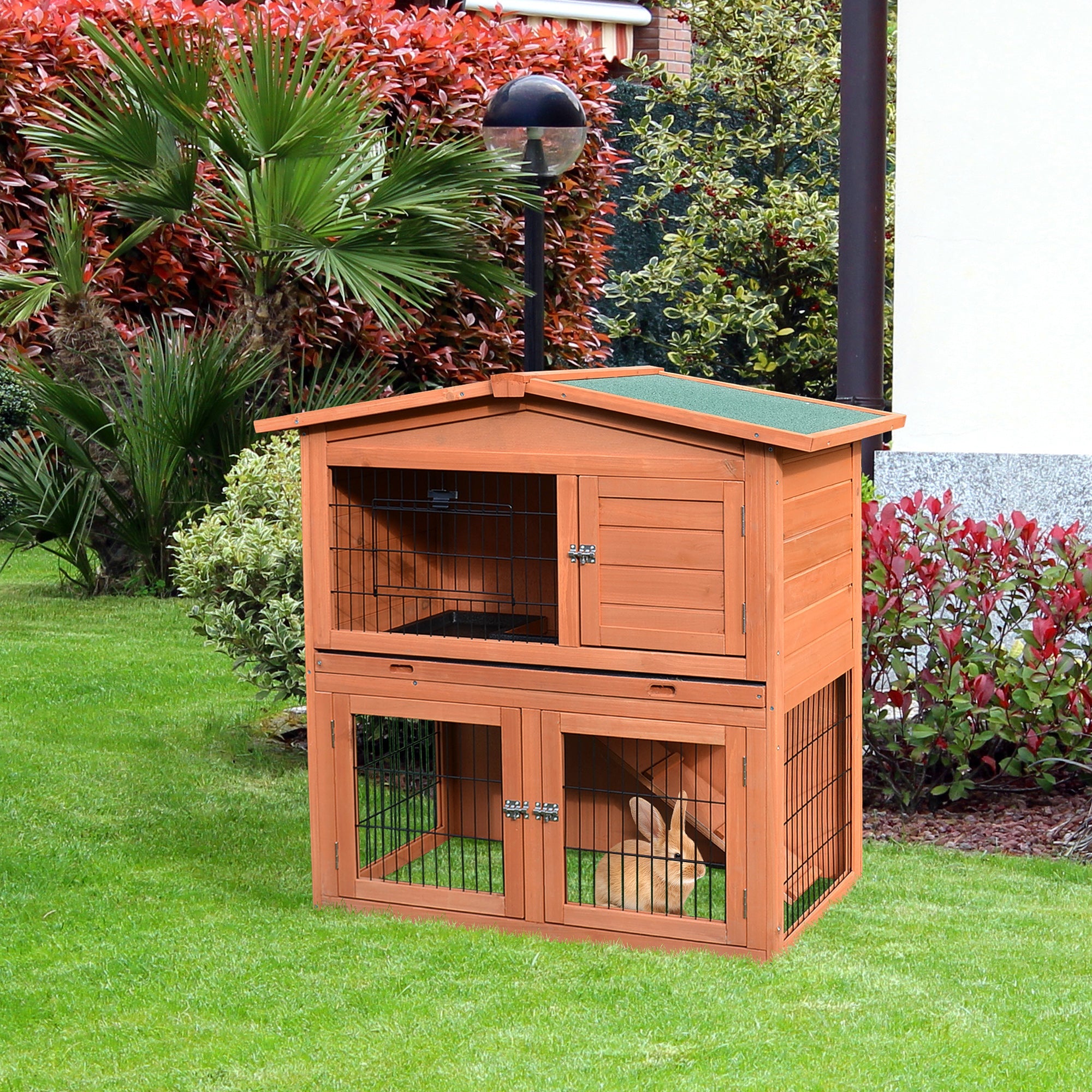 2 Tier Rabbit Hutch Guinea Pig Hutch Ferret Cage with Ramp Slide Out Tray for Indoor Outdoor 100.5 x 55 x 101 cm-1