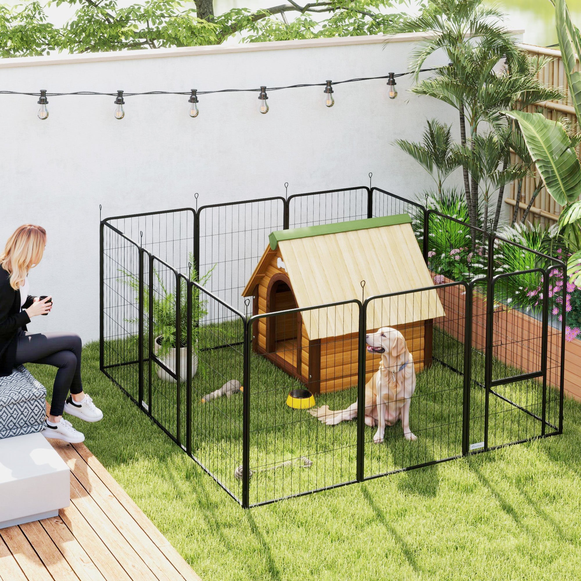 12 Panels Heavy Duty Dog Playpen with Doors, for Large Dogs, 100cm High, Black-1