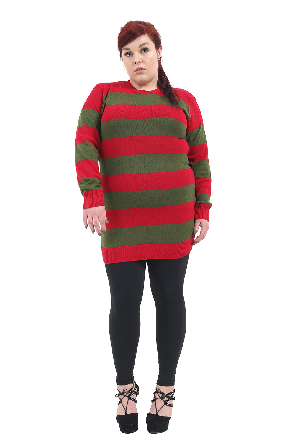 Wickedfun Women's Red and Green Stripe Knitted Long Dress Jumper-2