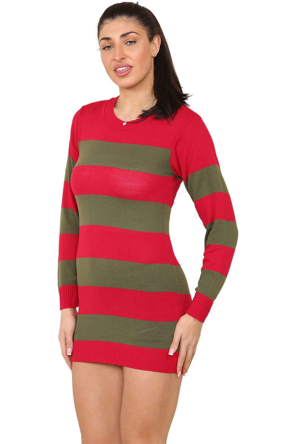 Wickedfun Women's Red and Green Stripe Knitted Long Dress Jumper-3