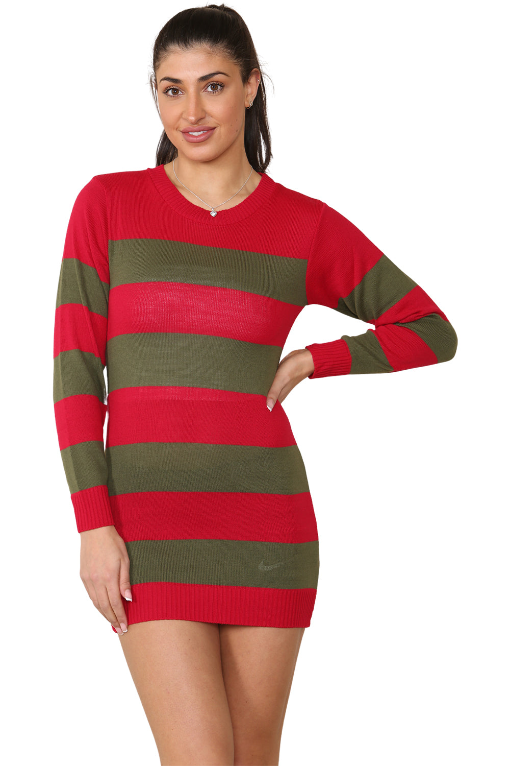 Wickedfun Women's Red and Green Stripe Knitted Long Dress Jumper-5