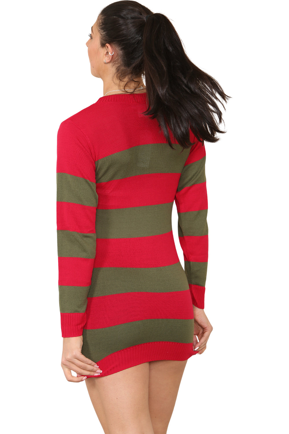 Wickedfun Women's Red and Green Stripe Knitted Long Dress Jumper-6