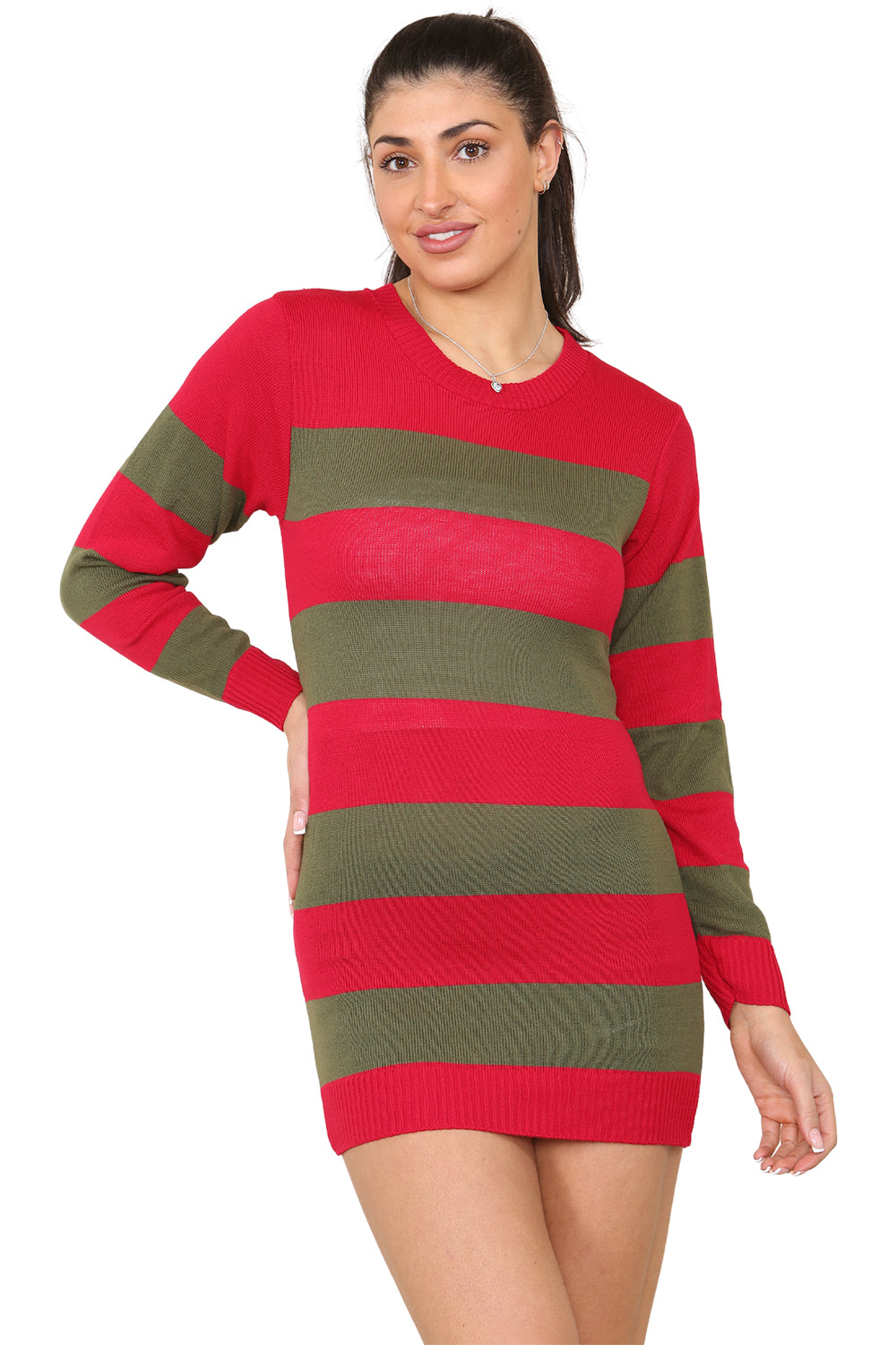 Wickedfun Women's Red and Green Stripe Knitted Long Dress Jumper-8