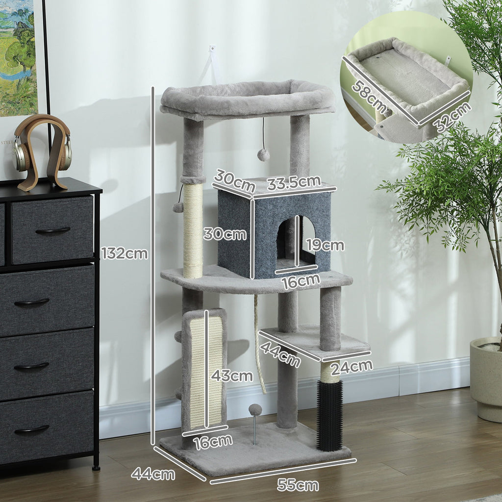 132cm Cat Tree w/ Scratching Posts, Pad, Cat Bed, Cat House, Jumping Platform, Grooming Brush, Anti-Tip Kit, Light Grey-2