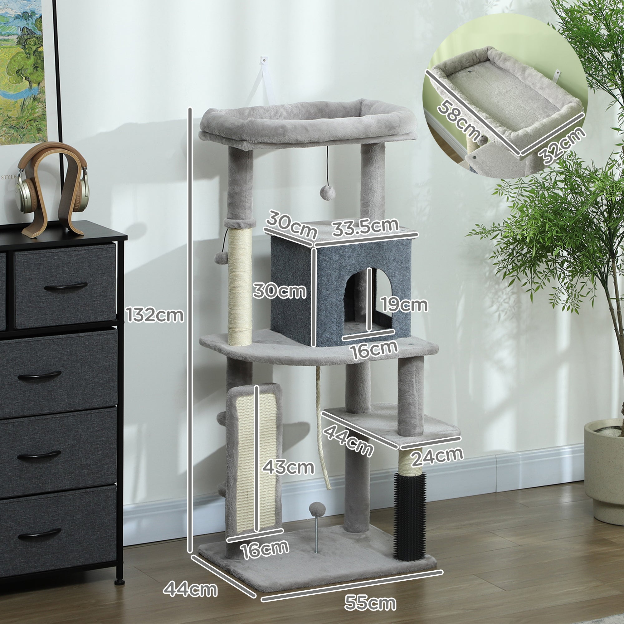 132cm Cat Tree w/ Scratching Posts, Pad, Cat Bed, Cat House, Jumping Platform, Grooming Brush, Anti-Tip Kit, Light Grey-2