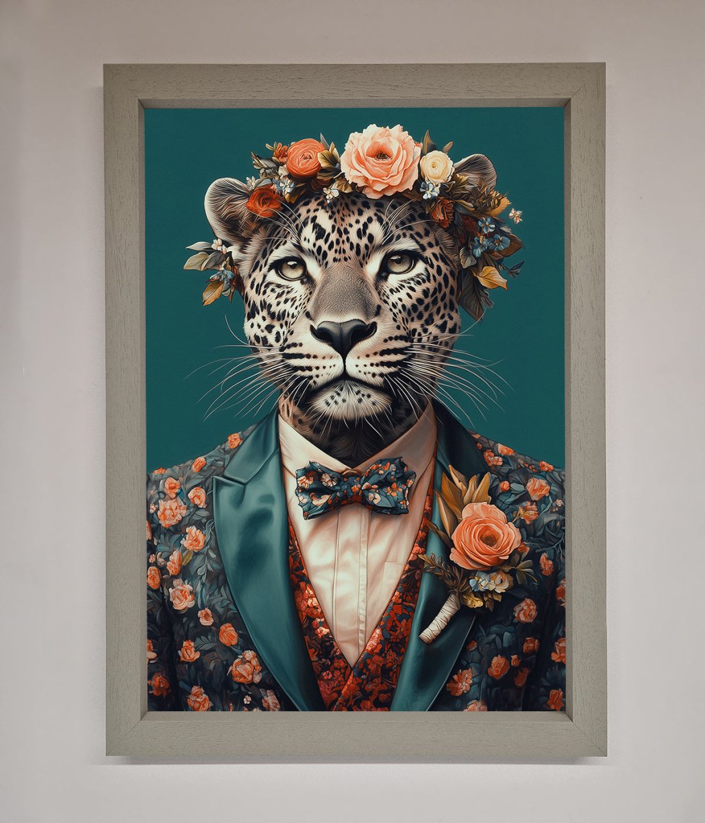 Leopard In a Suit With Flowers Framed Print-3