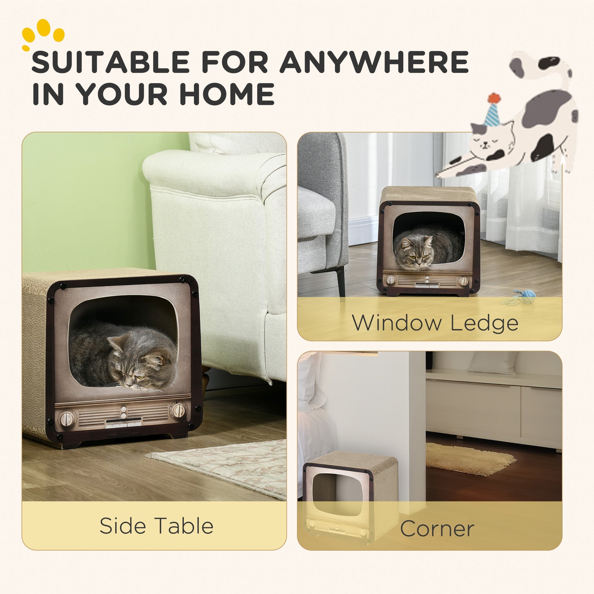 2 in 1 TV Shape Cat Scratching Board House with Catnip, for Indoor Cats, Brown-3