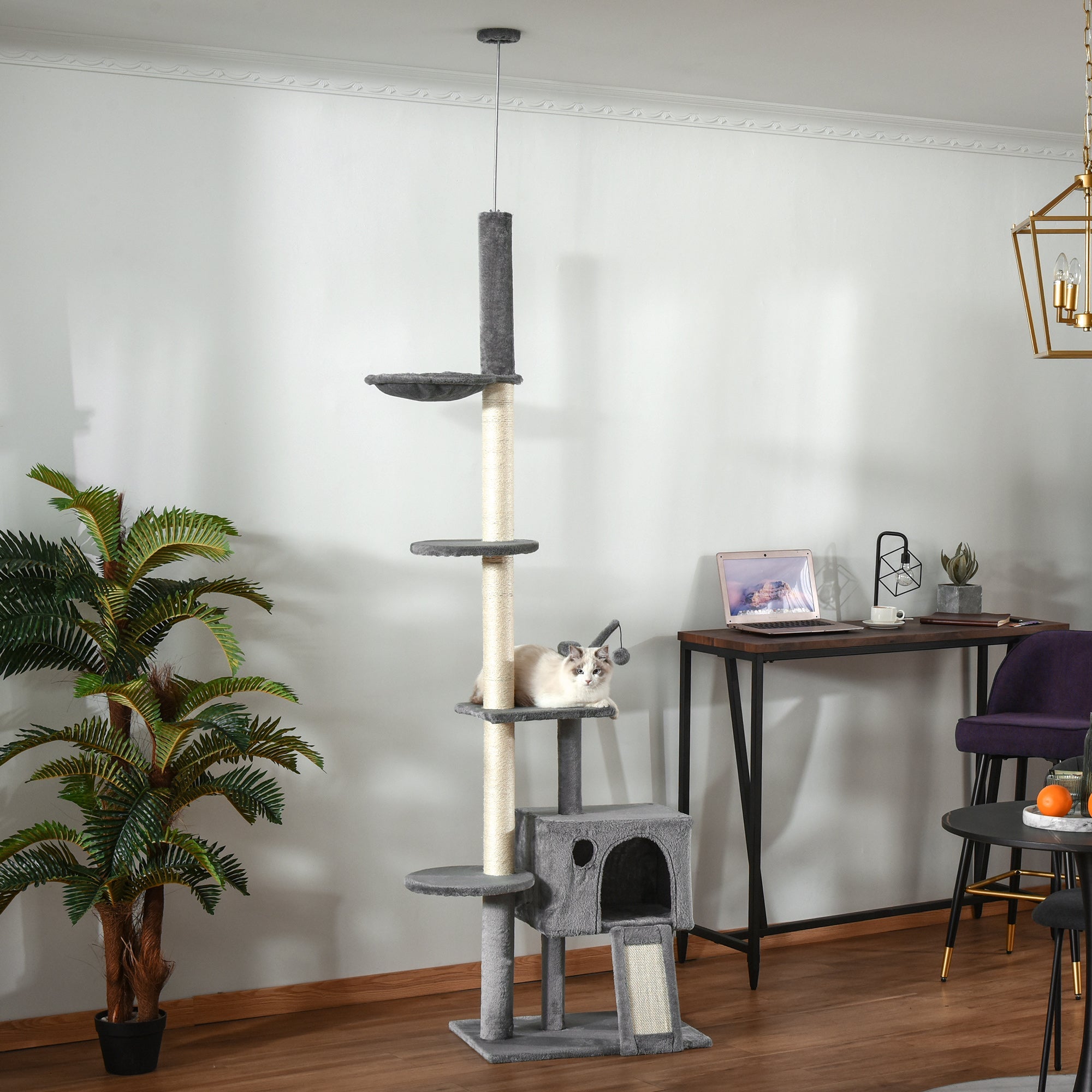 280cm Huge Cat Tower Activity Center Floor-to-Ceiling Cat Climbing Toy with Scratching Post Board Hammock Hanging Ball Rest Light Grey-1