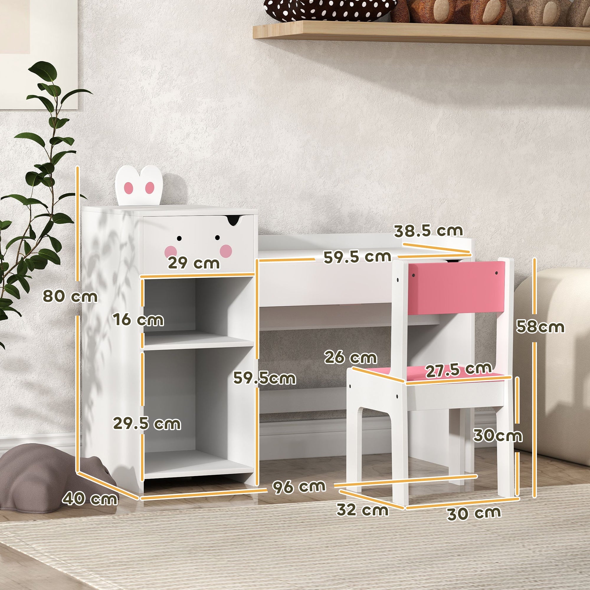 2 Piece Rabbit Themed Kids Desk and Chair Set with Storage White-2