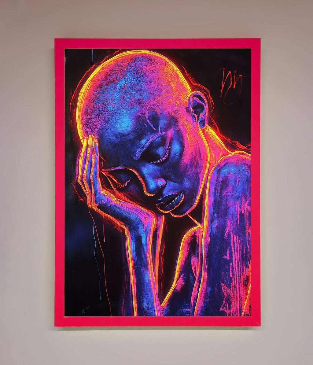 Neon Woman Hands In Head Framed Print-5