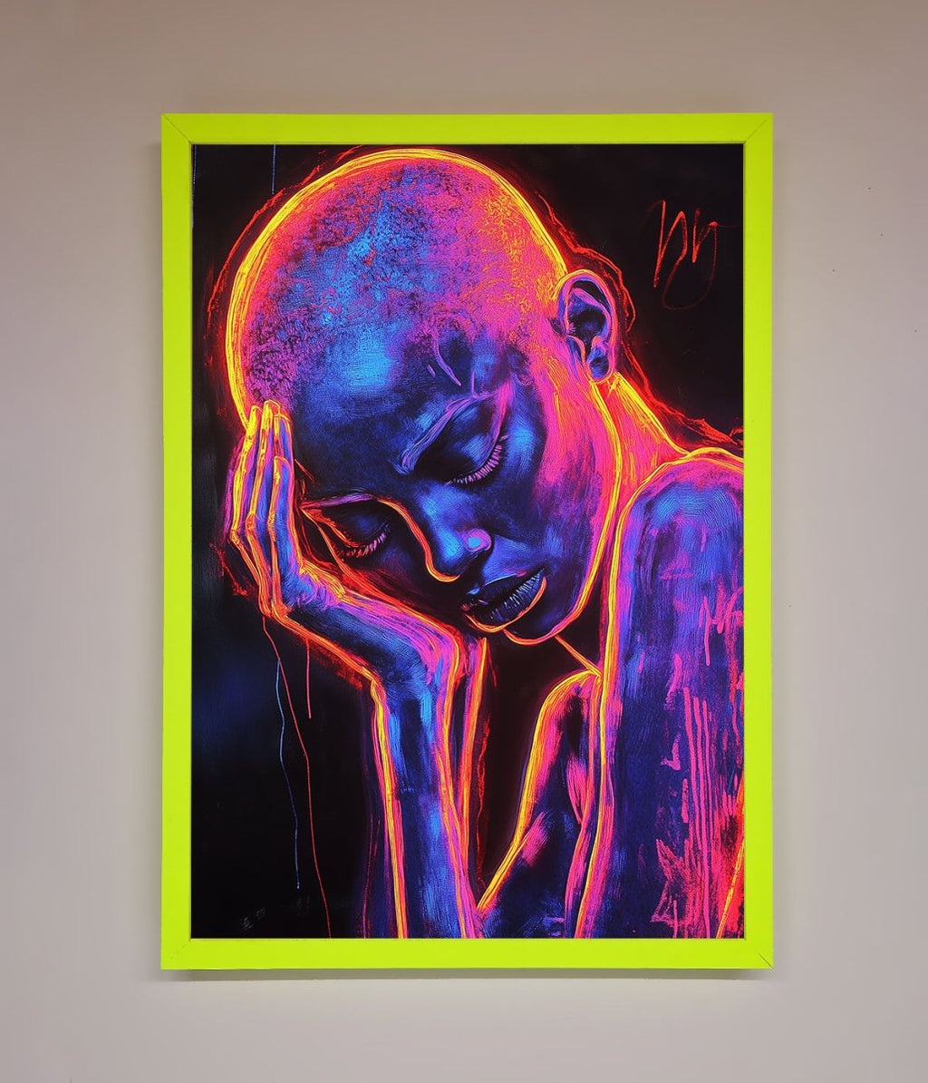 Neon Woman Hands In Head Framed Print-7