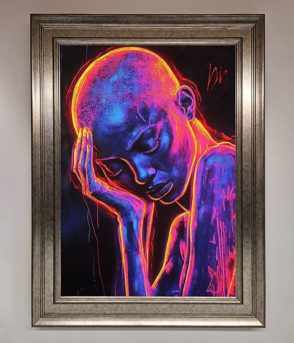 Neon Woman Hands In Head Framed Print-14