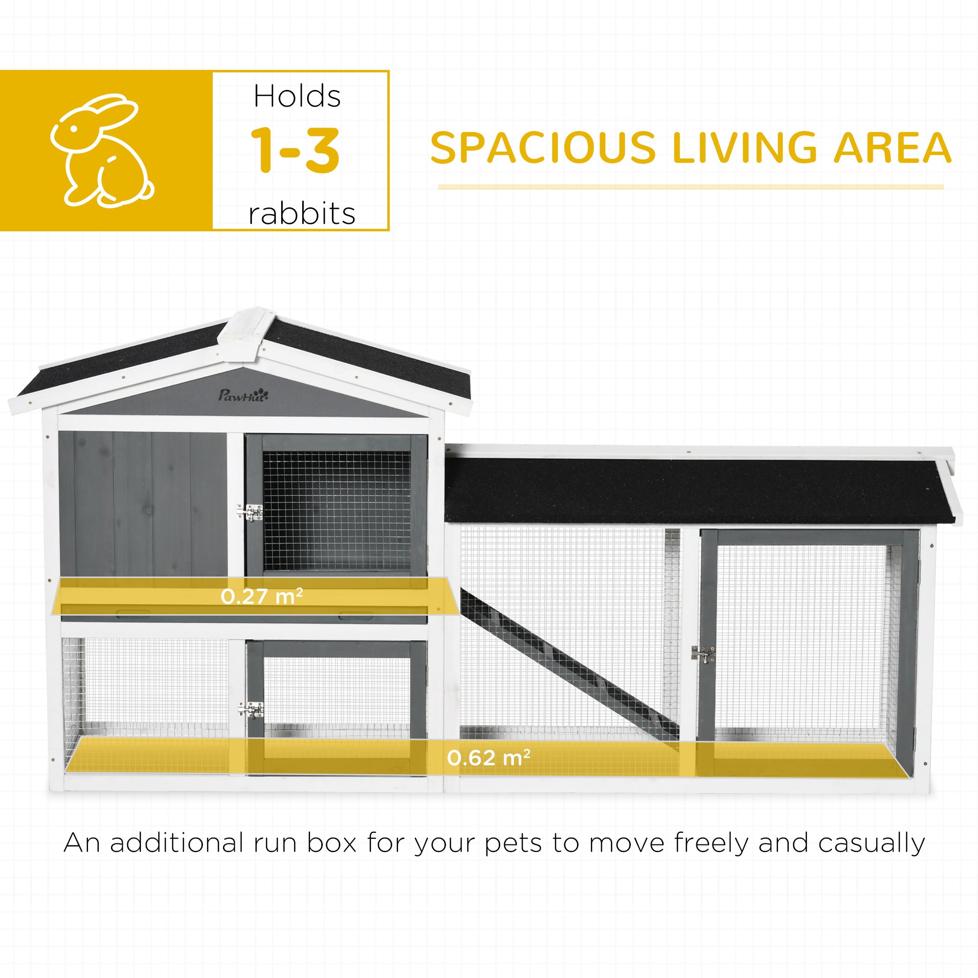 2 Tier Wooden Rabbit Hutch, Guinea Pig Cage, Bunny Run, Small Animal House with Run Box, Slide-out Tray, 175.8 x 52 x 85.5cm, White-3