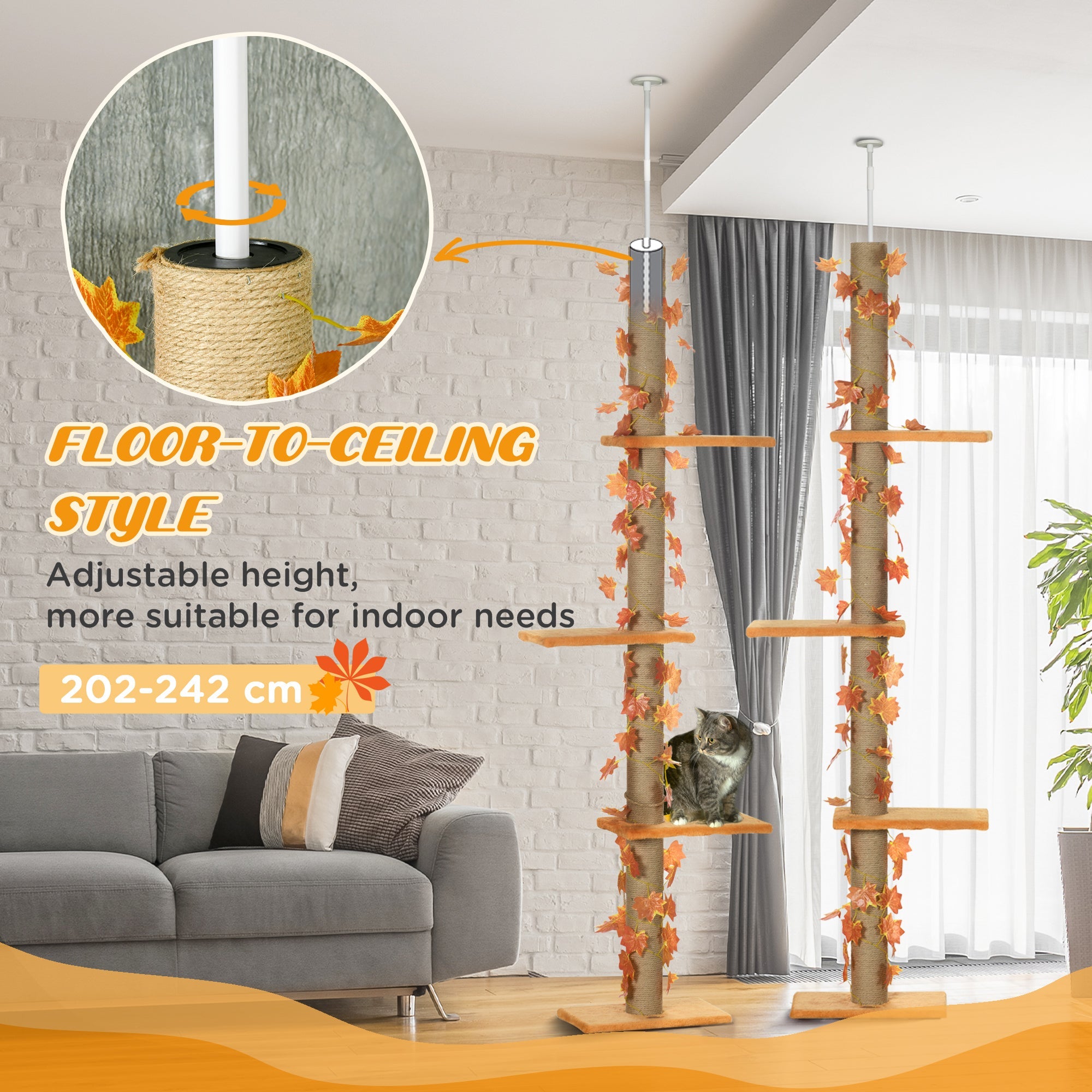 202-242cm Height Adjustable Floor to Ceiling Cat Tree for Cats with Sisal Scratching Post, 3- Tier Cat Tower-4