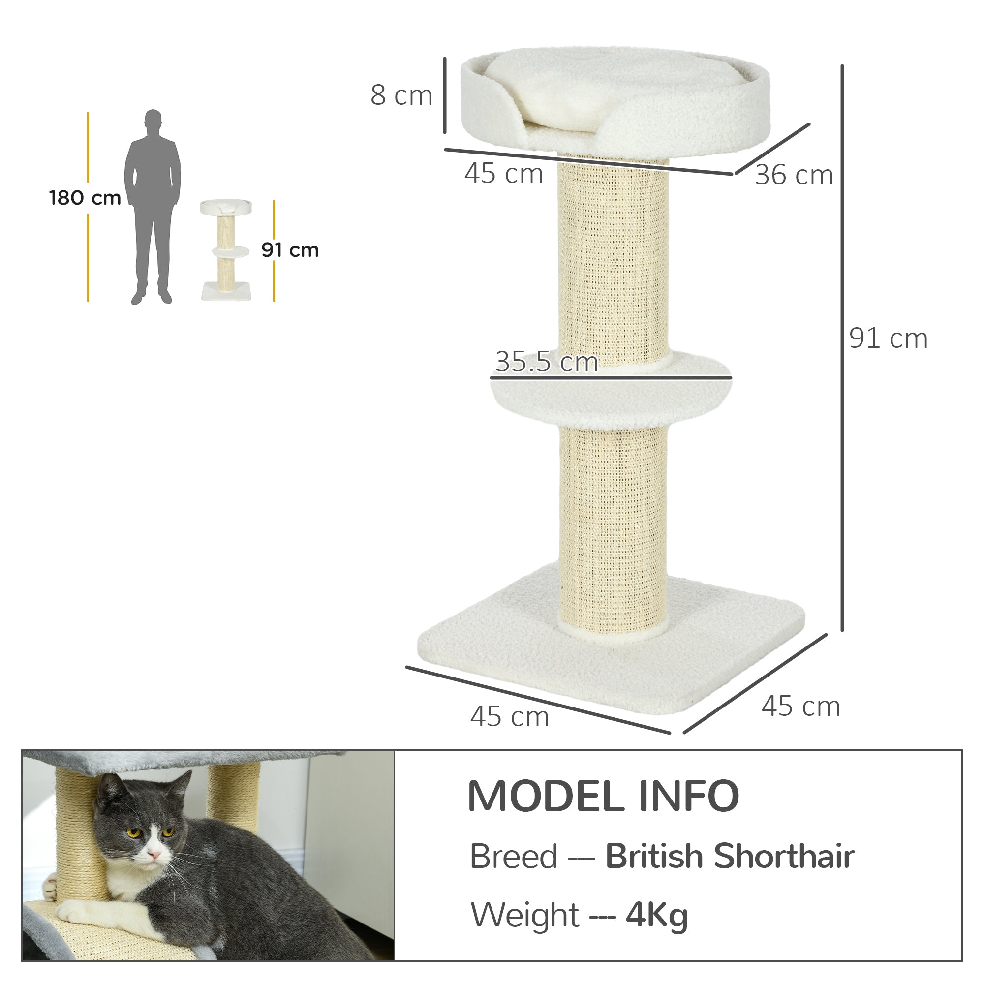 2 Tier Sisal Sherpa Cat Tree with Basket Cushion Sisal Post Cream White-2