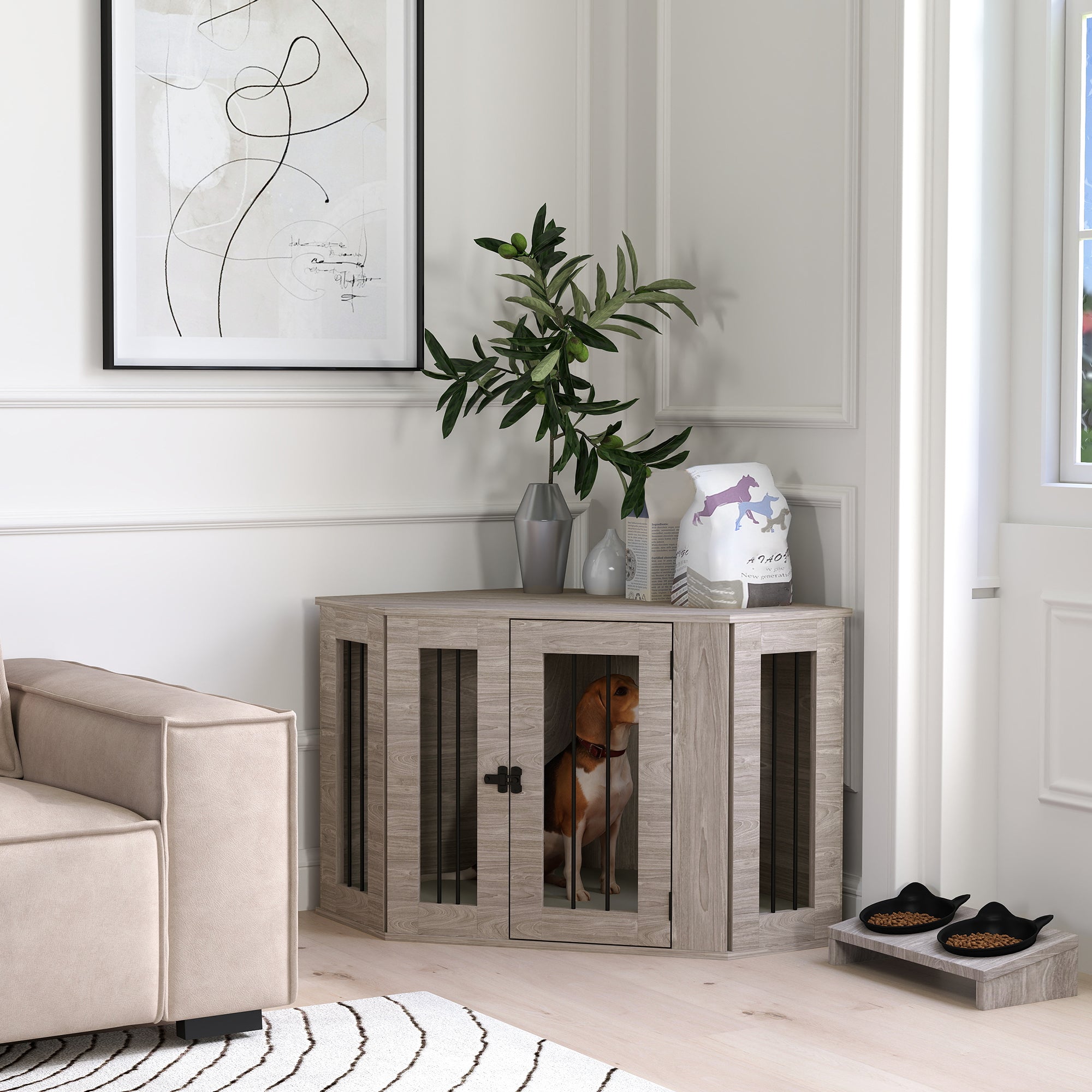 2 in 1 Dog Crate Furniture Side Table, with Cushion, 104 x 55 x 63cm - Walnut Brown-1