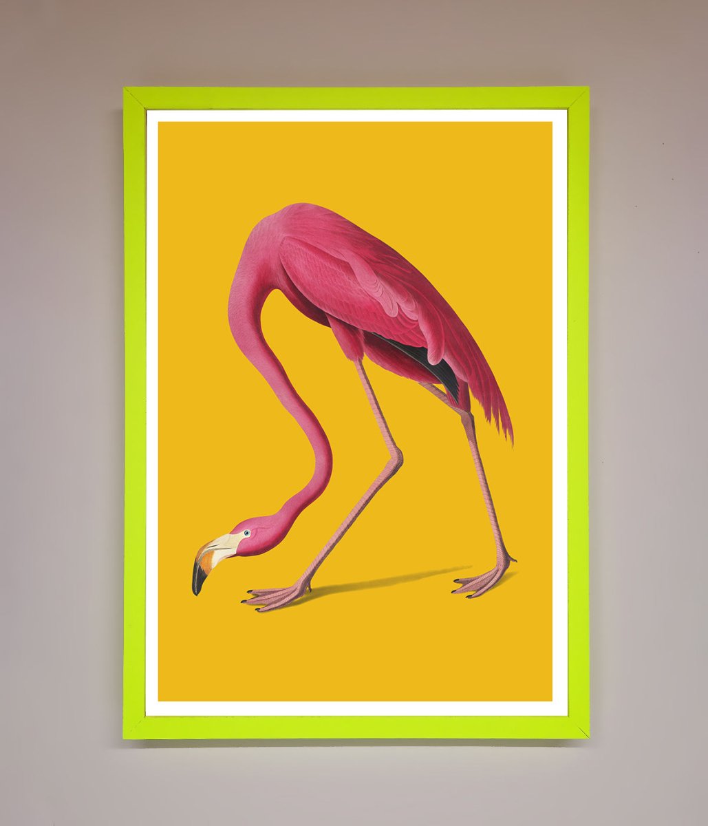 Pink Flamingo On Yellow Framed Print-13