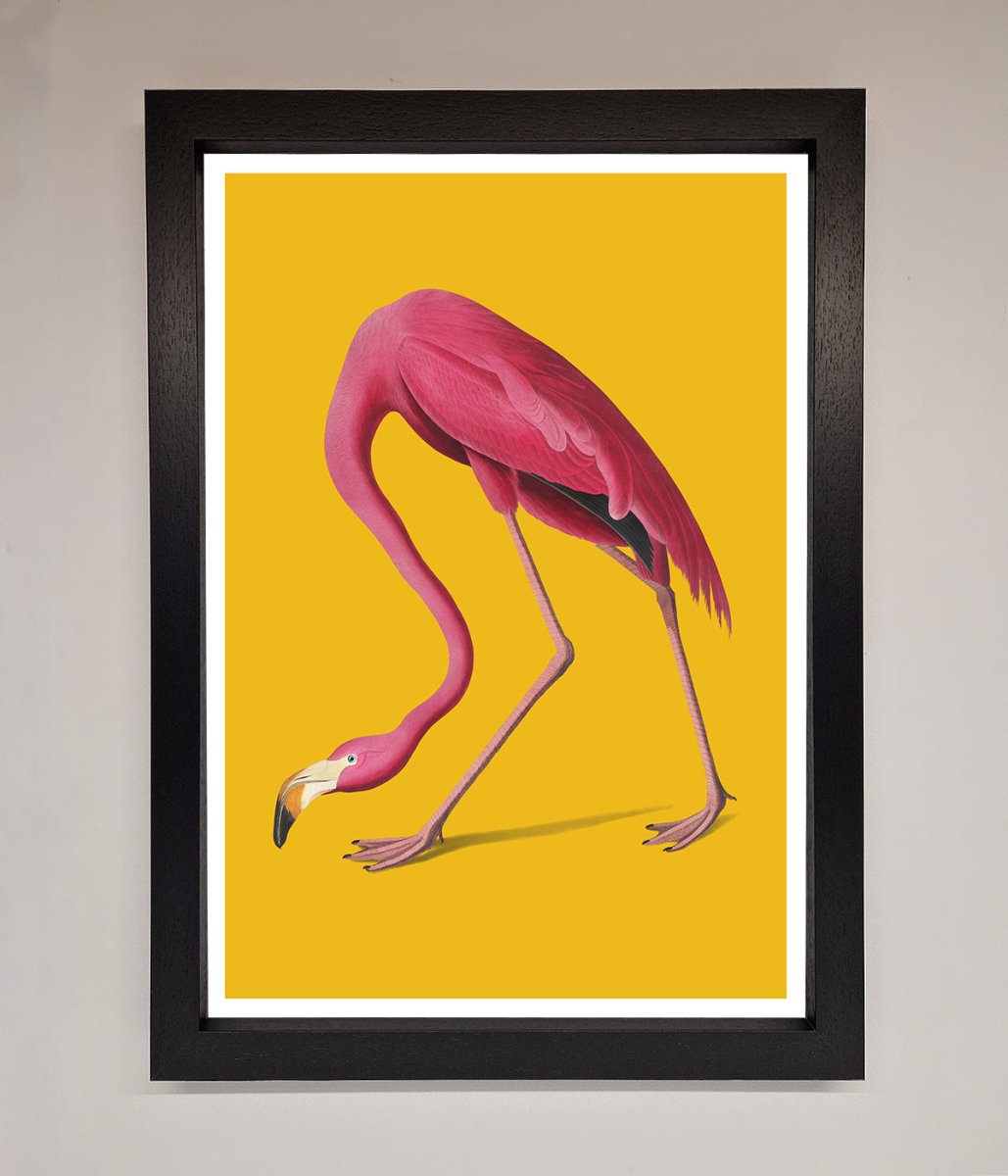 Pink Flamingo On Yellow Framed Print-1