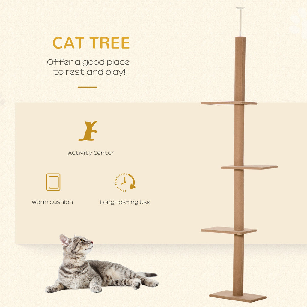 260cm Floor To Ceiling Cat Tree w/ 3 Perches Flannel Upholstery Kitten Pet Rest Sleep Activity Tower Home Furniture Brown-3