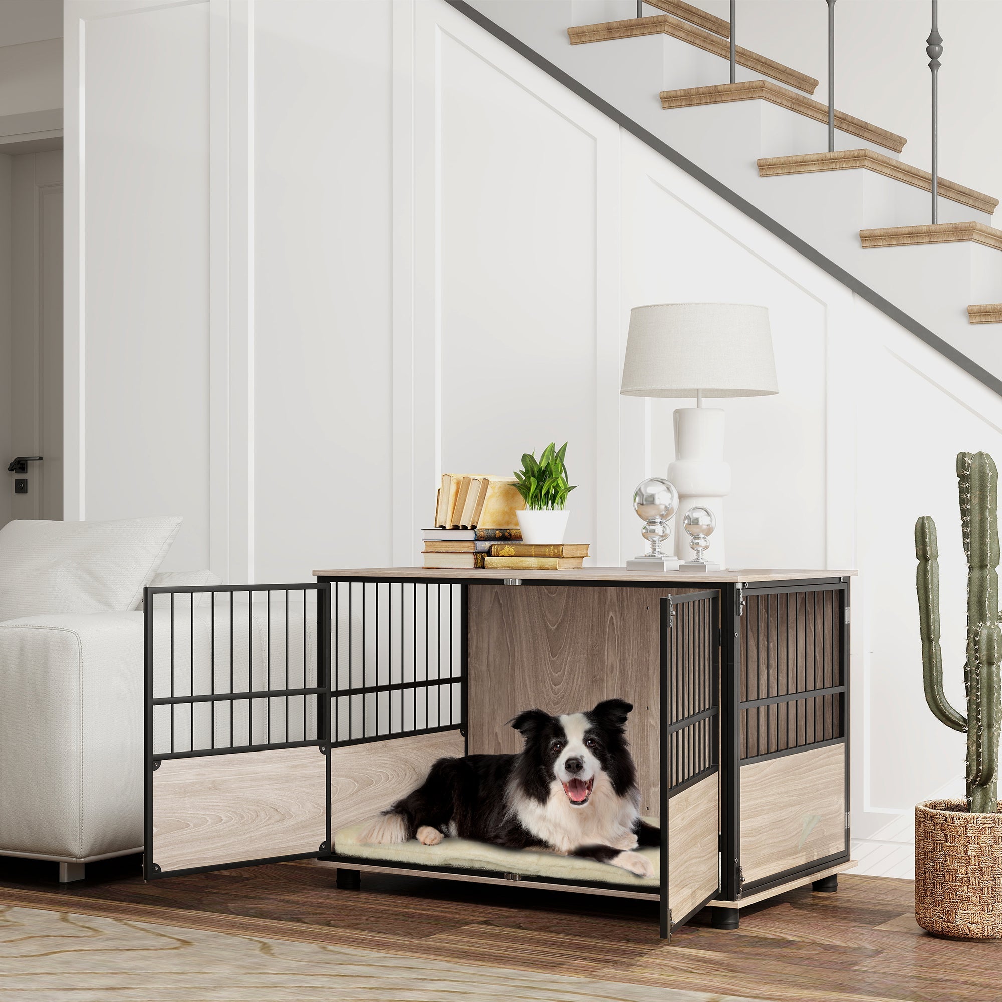 100cm Furniture Style Dog Crate Dog Cage End Table Indoor with 3 Doors Soft Washable Cushion, for Large Sized Dogs-1