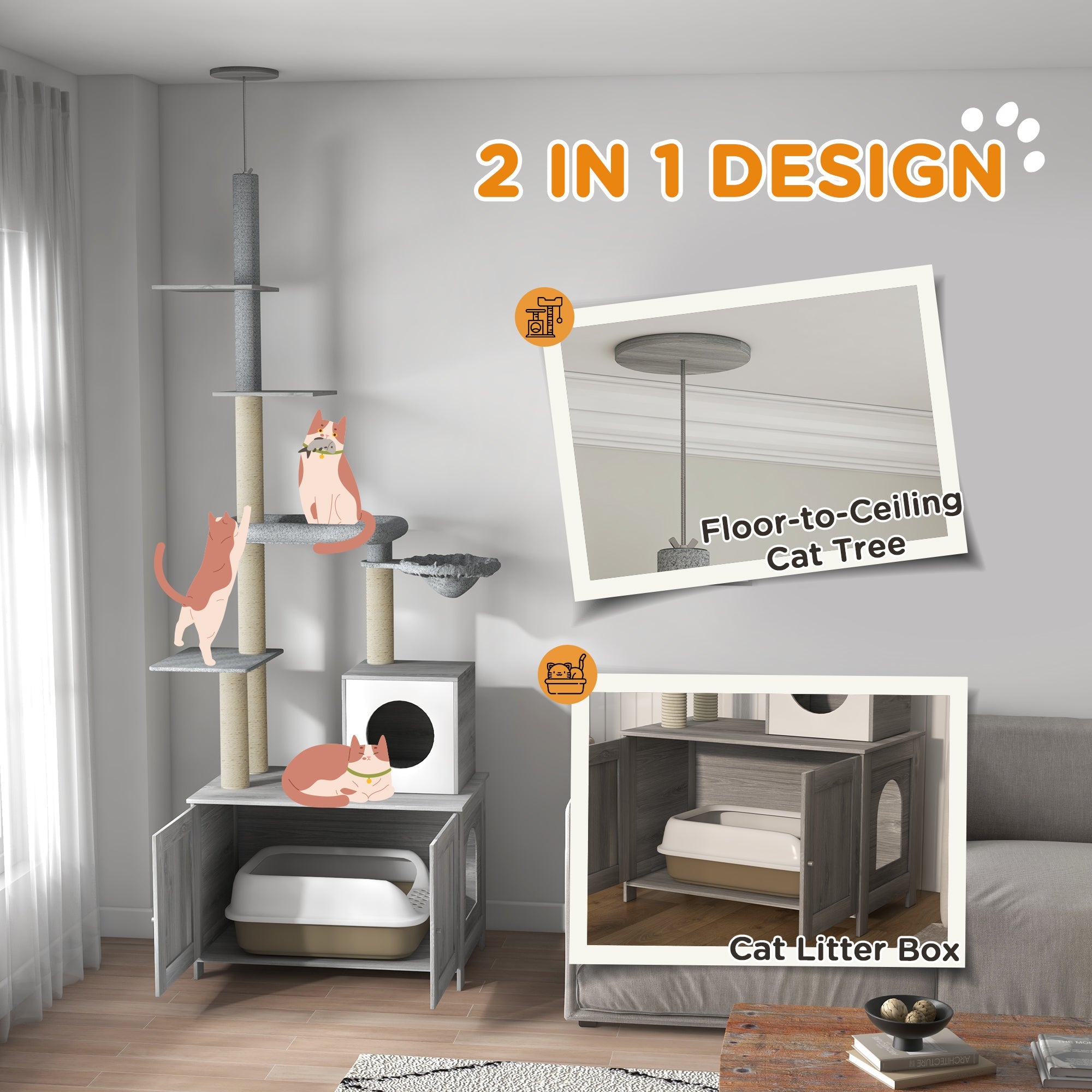 2-in-1 Floor-To-Ceiling Cat Tree with Hidden Litter Box, for Indoor Use - Grey-3