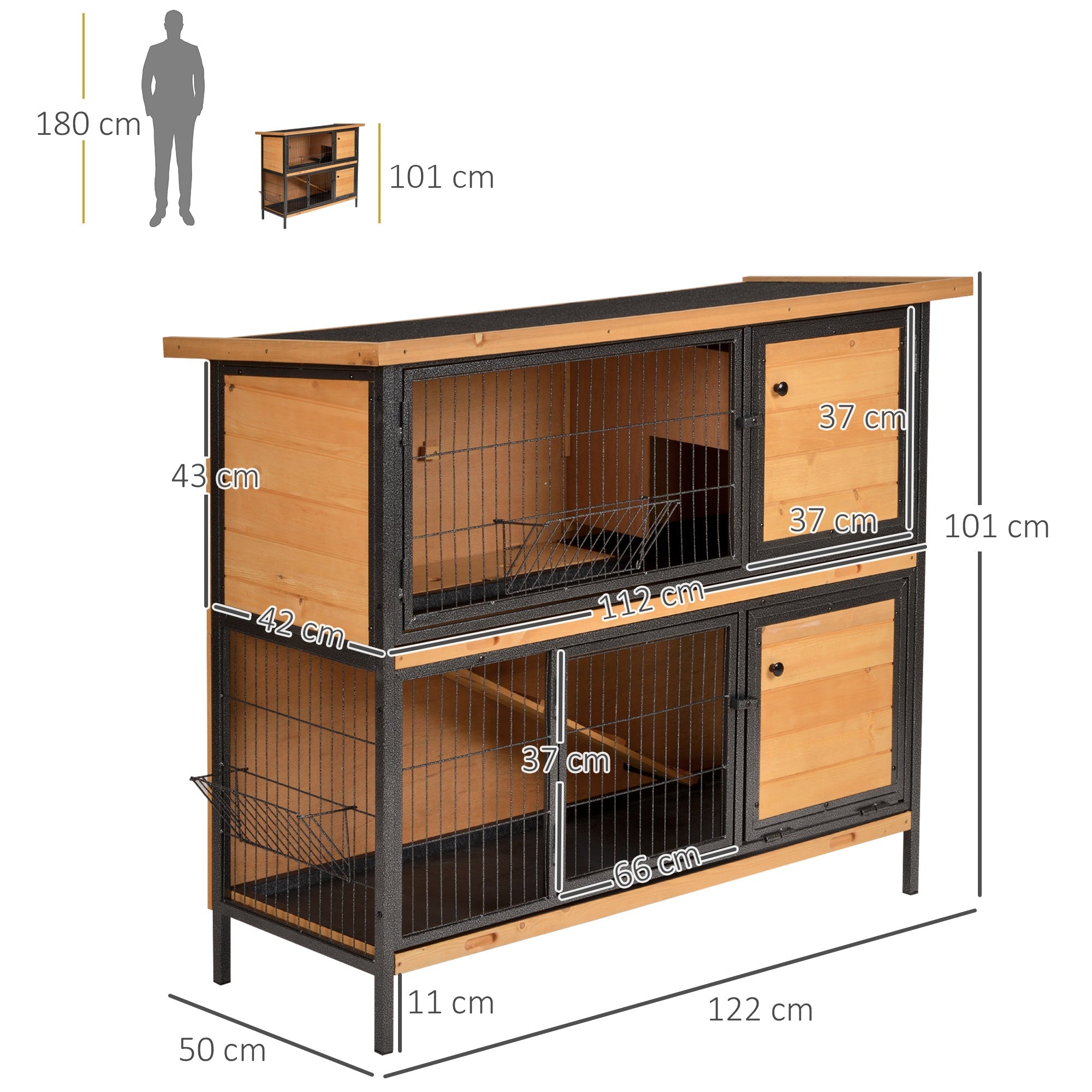 2-Floor Wooden Rabbit Hutch Bunny Cage Metal Frame Pet House with Slide-Out Tray Feeding Trough Ramp Lockable Door Openable Roof-2