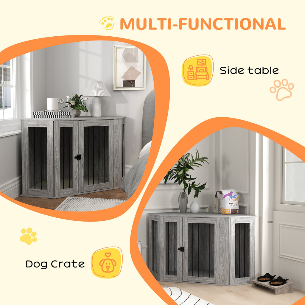 2 in 1 Dog Crate Furniture Side Table, with Cushion, 122 x 61 x 71cm - Grey-3