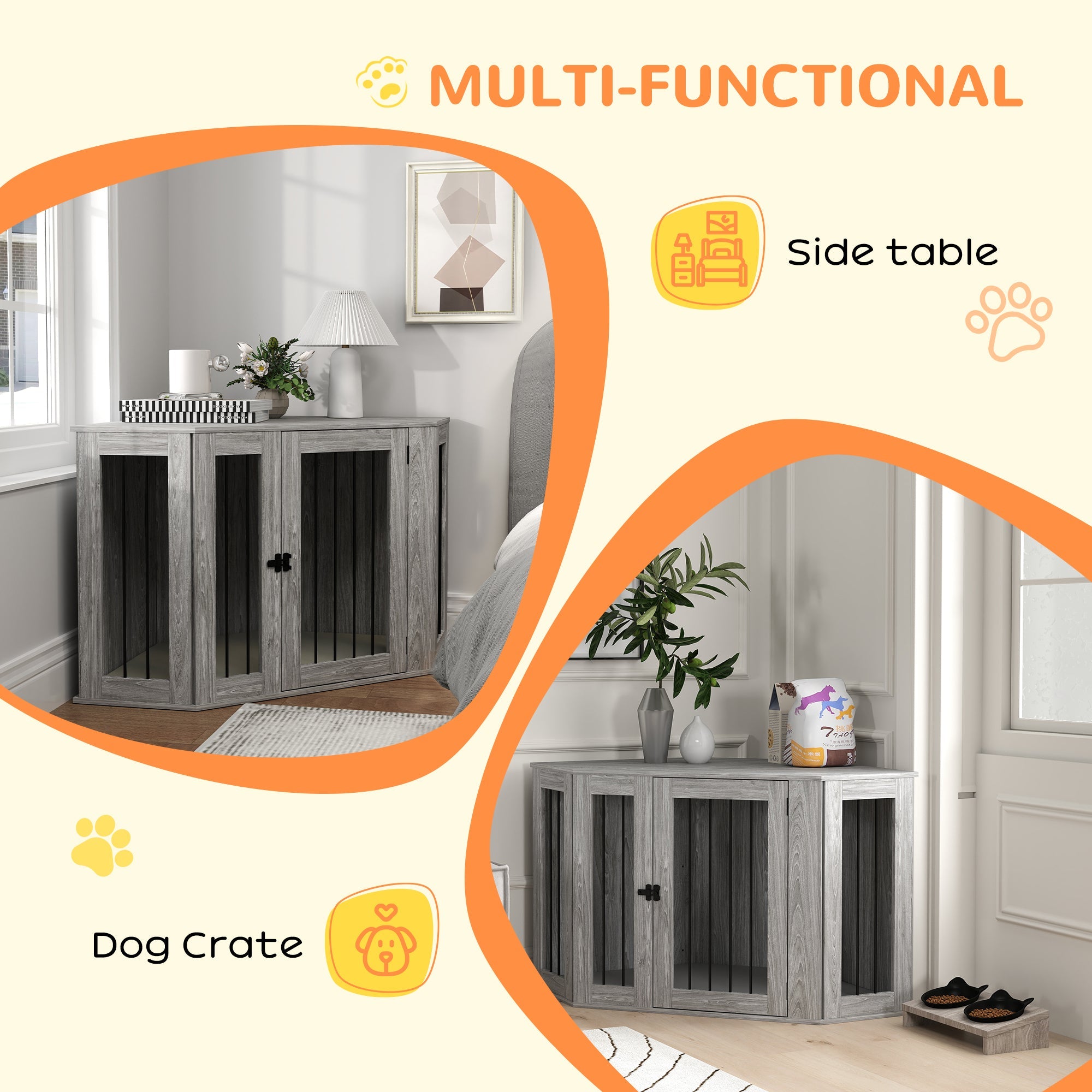2 in 1 Dog Crate Furniture Side Table, with Cushion, 122 x 61 x 71cm - Grey-3