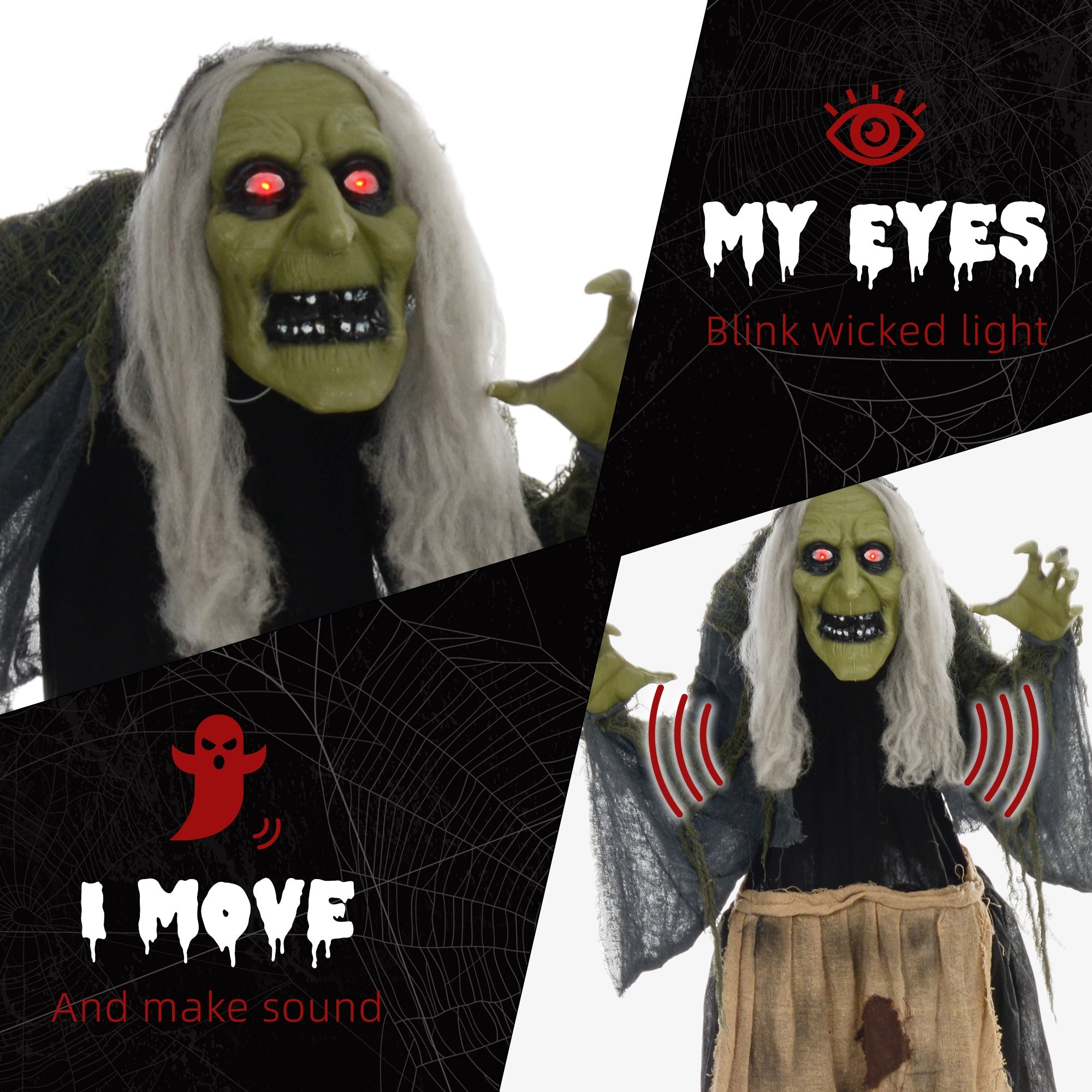 5'2" Hunchback Witch Halloween Animatronic, with Glowing Eyes-4