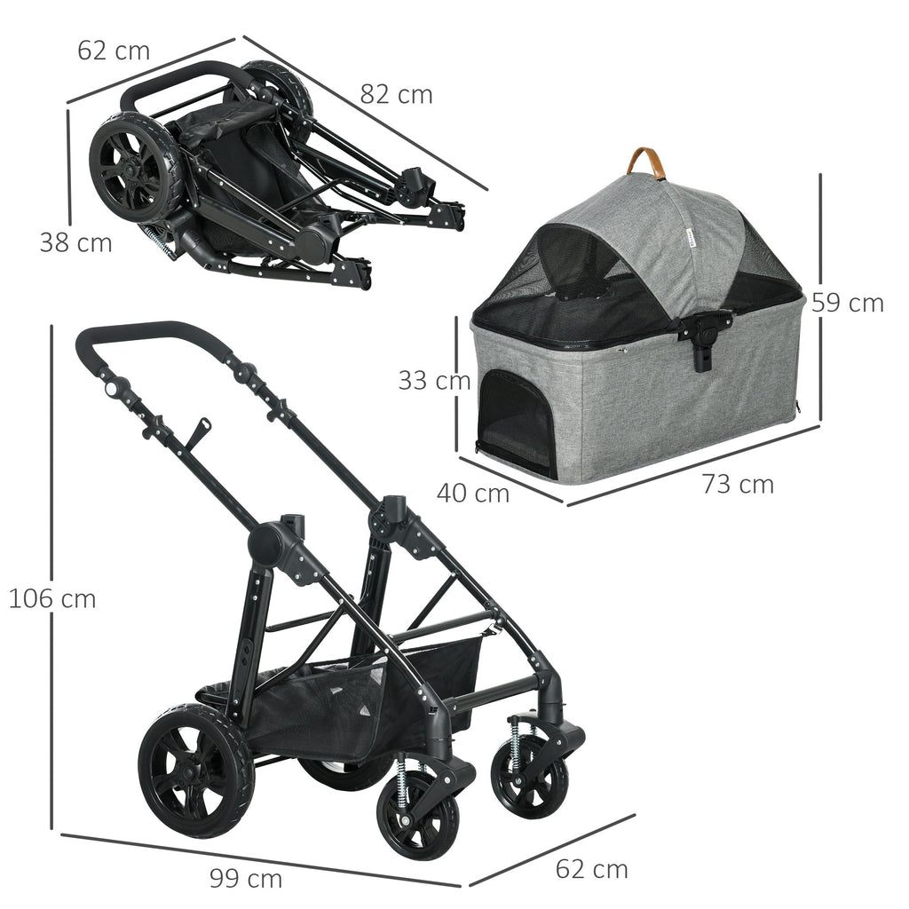 2-In-1 Design No-Zip Pet Stroller Detachable Bag Travel Trolley with Shock-absorbing System Brake Basket Adjustable Handlebar Safety Leash Grey-2