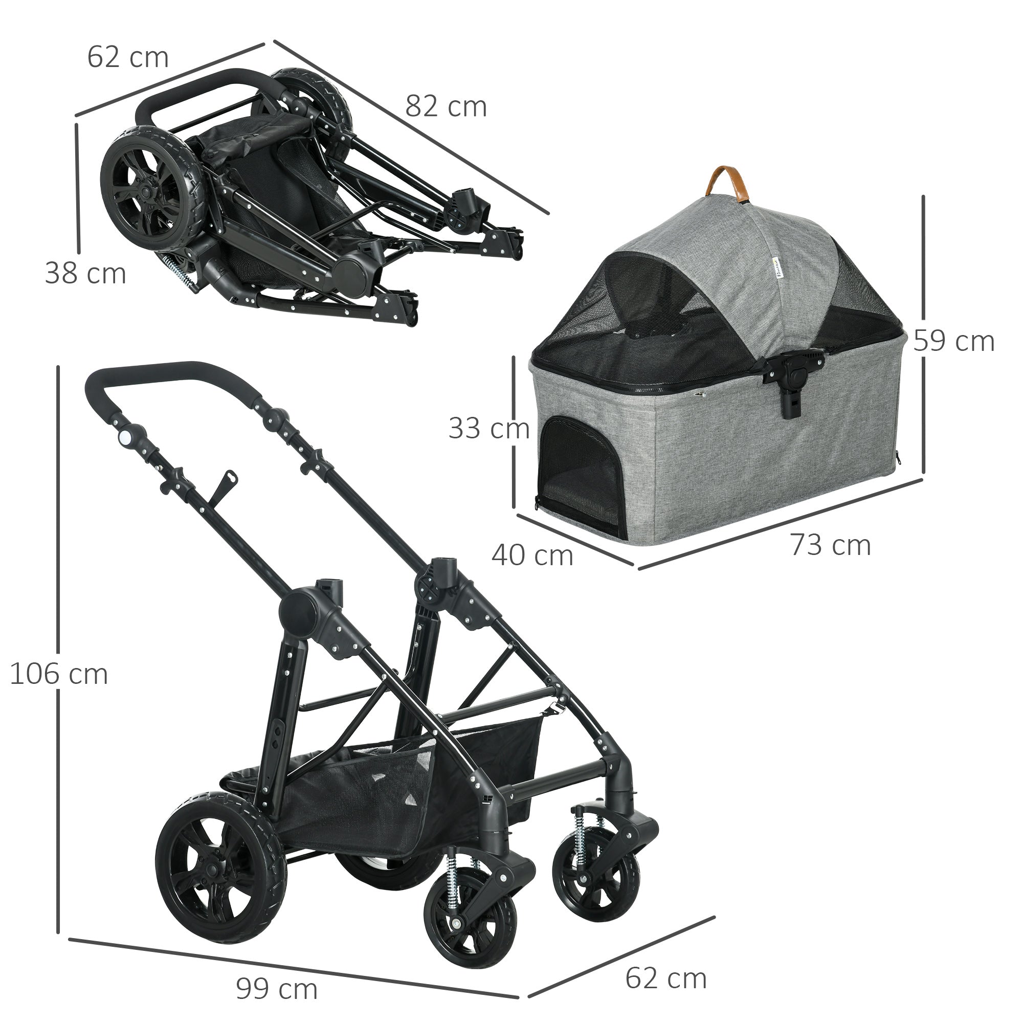 2-In-1 Design No-Zip Pet Stroller Detachable Bag Travel Trolley with Shock-absorbing System Brake Basket Adjustable Handlebar Safety Leash Grey-2