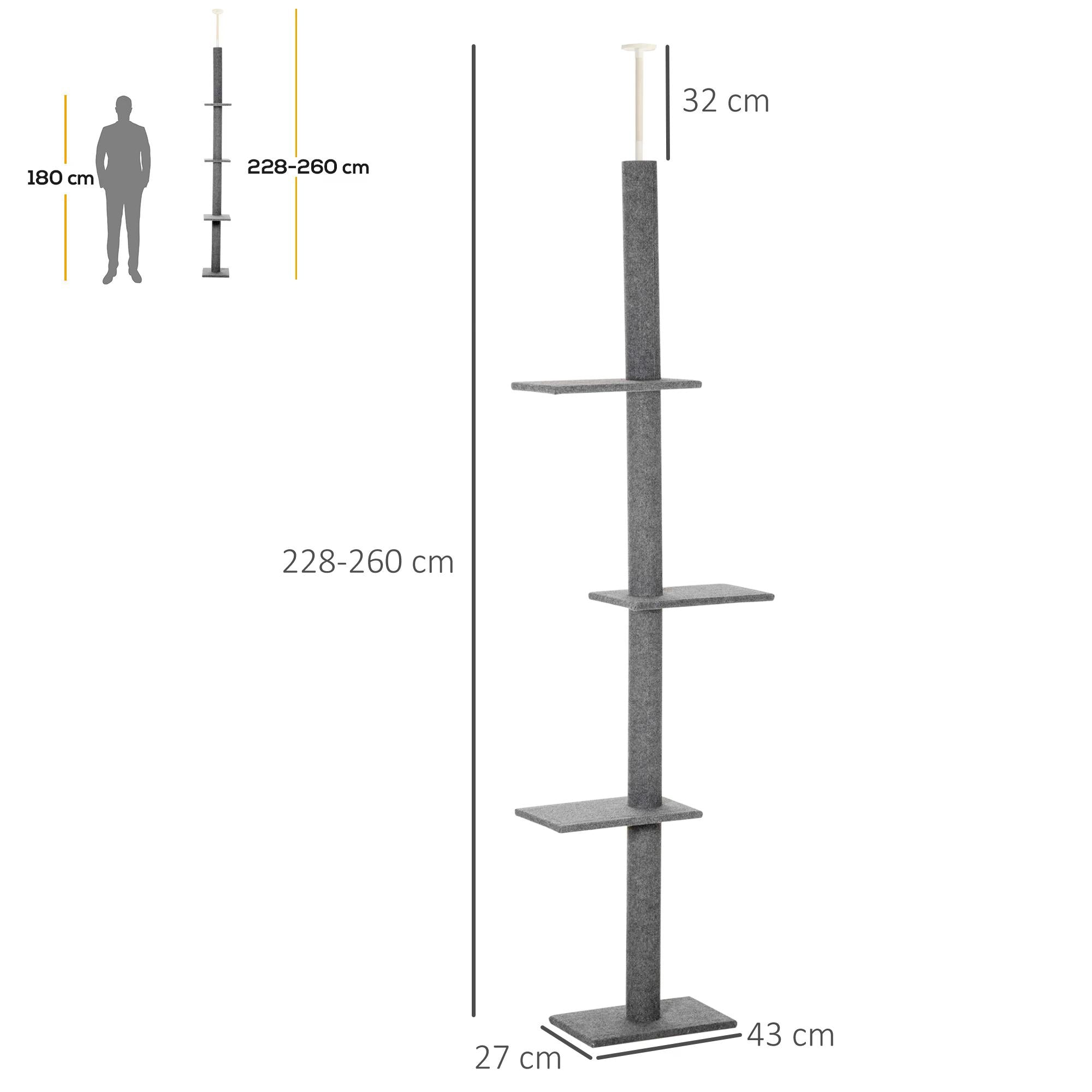 260cm Cat tree Floor To Ceiling with 3 Perches, Activity Scratching Tree Center for Kittens Cat Tower Furniture, Grey-2