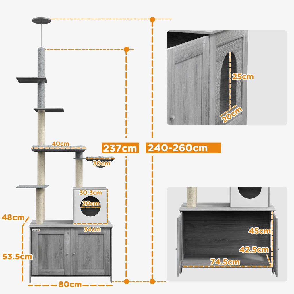 2-in-1 Floor-To-Ceiling Cat Tree with Hidden Litter Box, for Indoor Use - Grey-2
