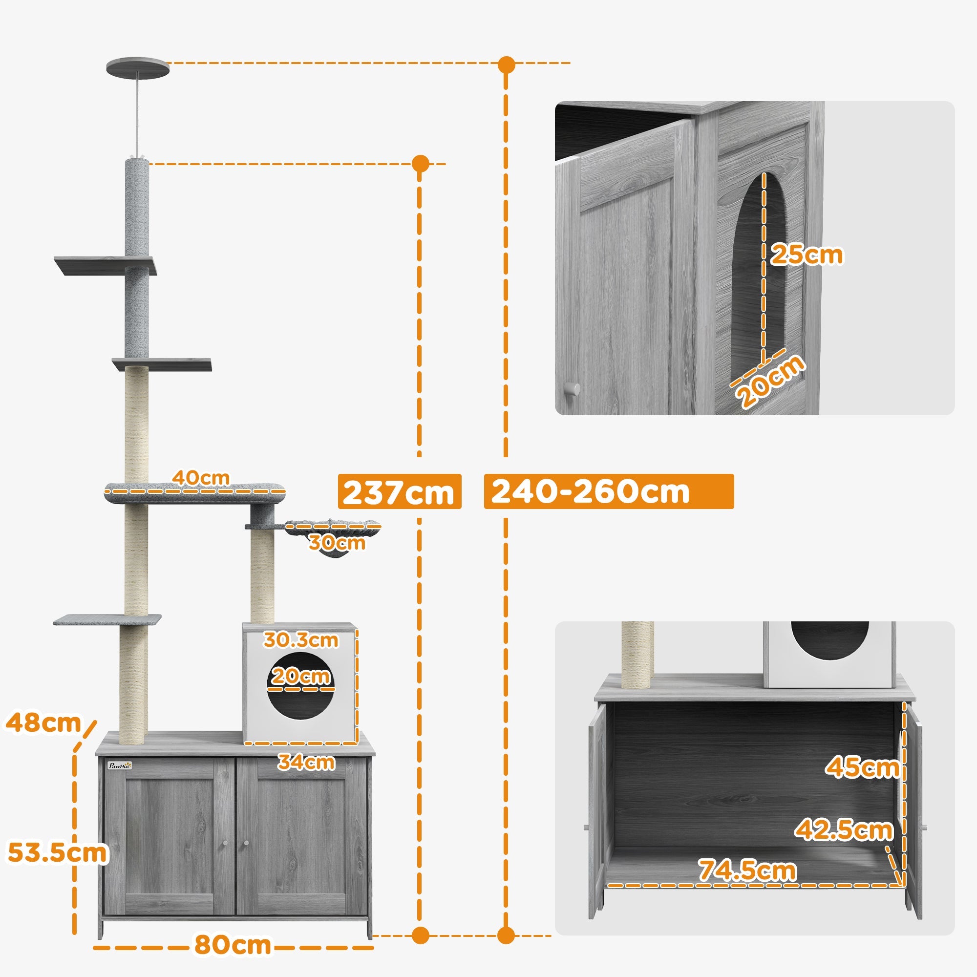 2-in-1 Floor-To-Ceiling Cat Tree with Hidden Litter Box, for Indoor Use - Grey-2