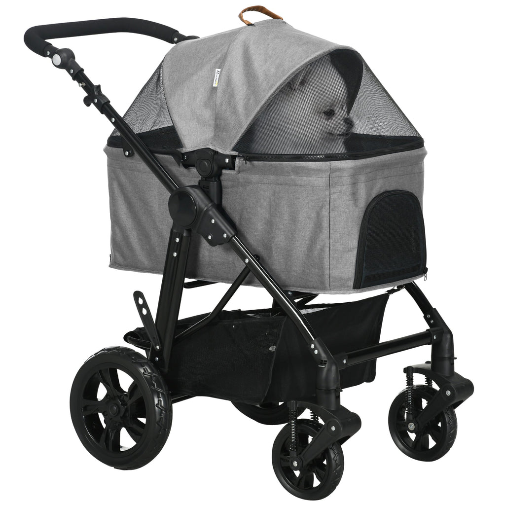 2-In-1 Design No-Zip Pet Stroller Detachable Bag Travel Trolley with Shock-absorbing System Brake Basket Adjustable Handlebar Safety Leash Grey-0