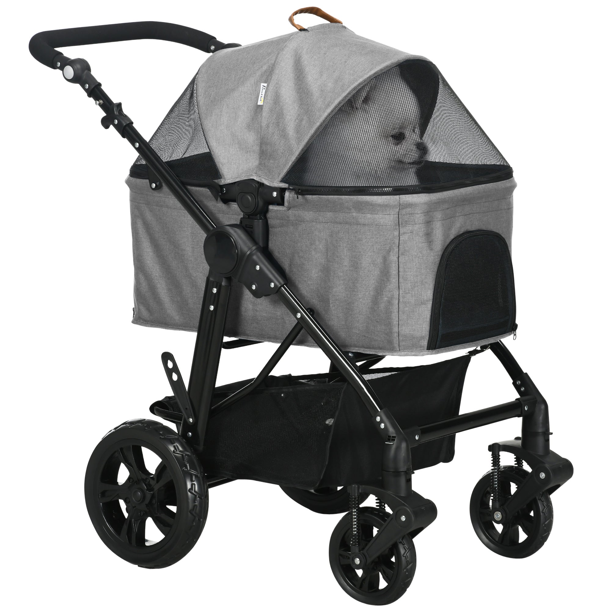 2-In-1 Design No-Zip Pet Stroller Detachable Bag Travel Trolley with Shock-absorbing System Brake Basket Adjustable Handlebar Safety Leash Grey-0