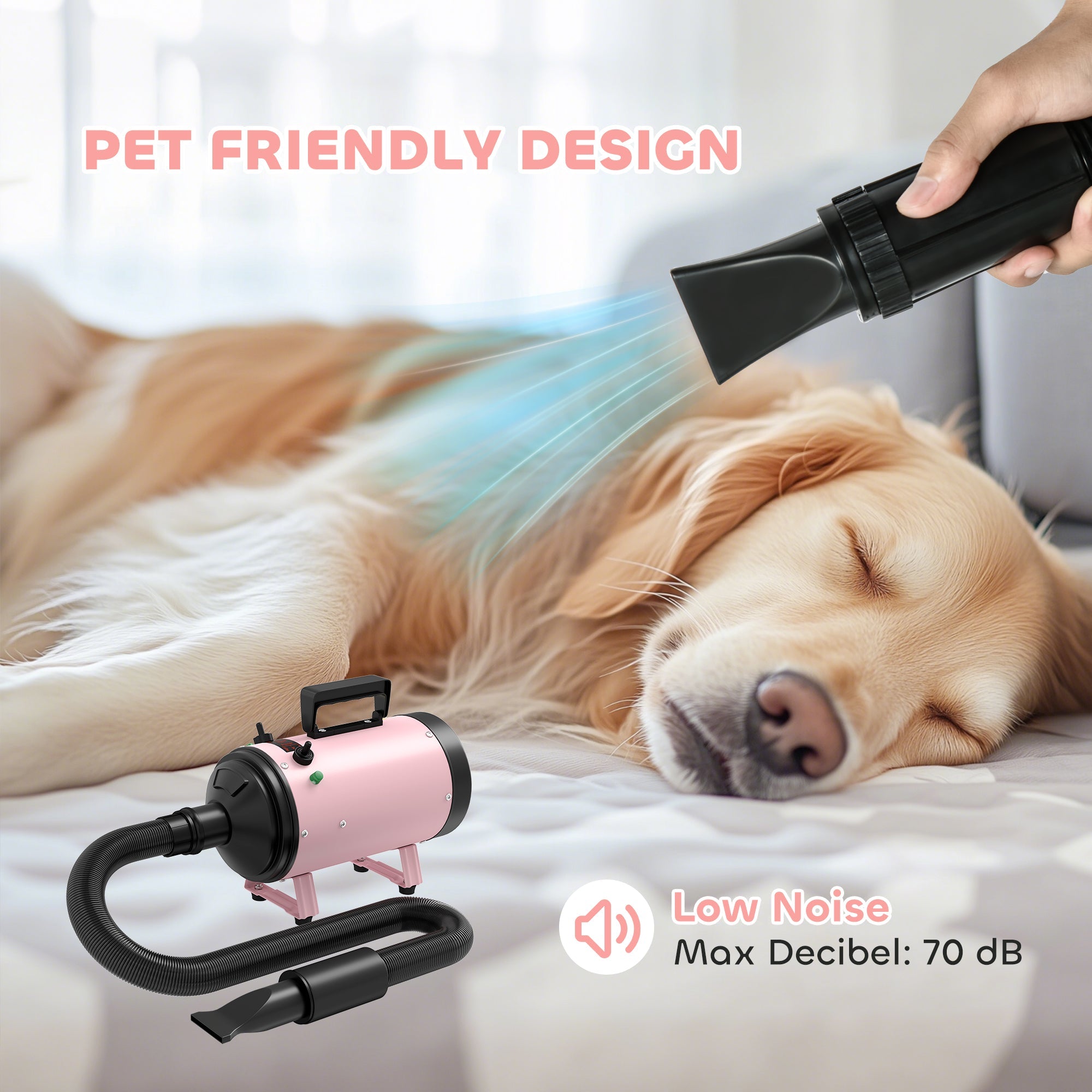 2200W Dog Hair Dryer with Adjustable Temperature & Velocity, 3 Different Nozzles, Pink-4