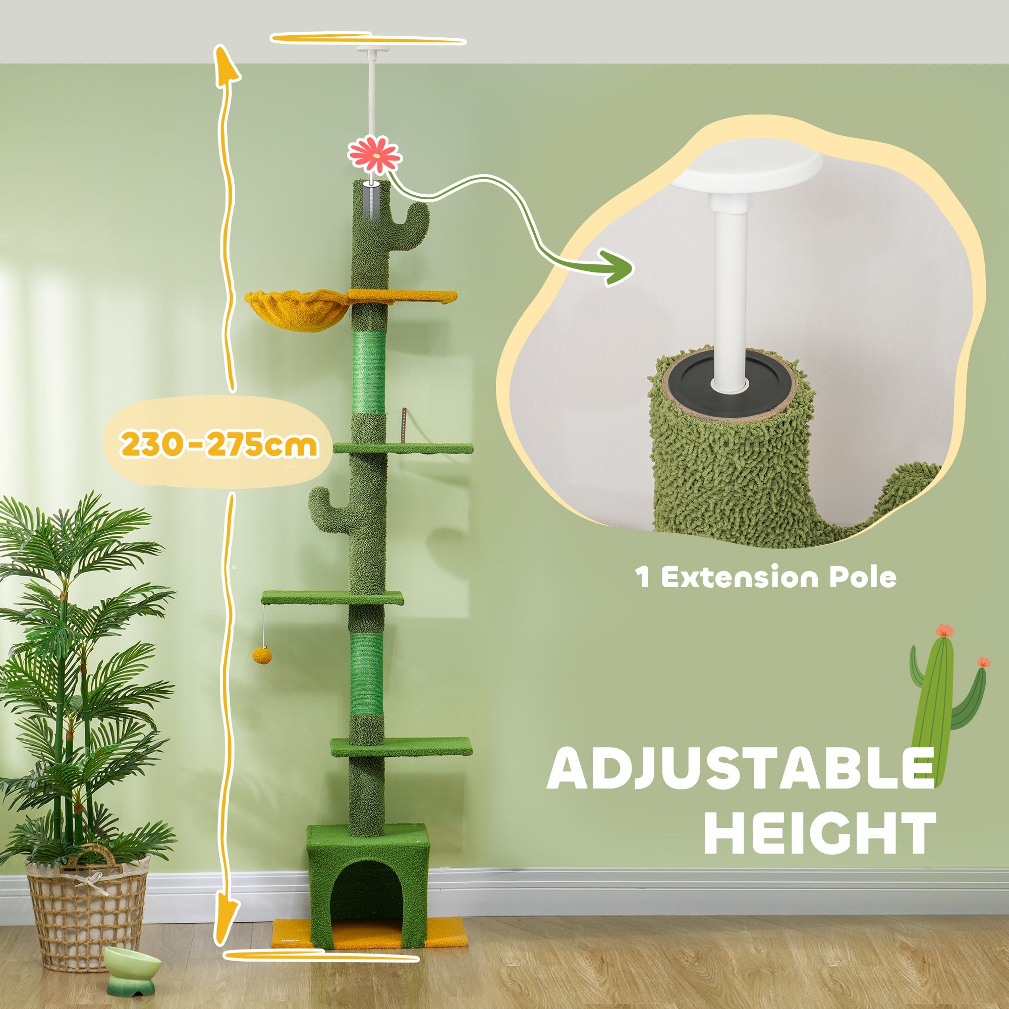 230-275cm Floor-to-Ceiling Adjustable Cat Tree with Scratching Posts, Hammock-3