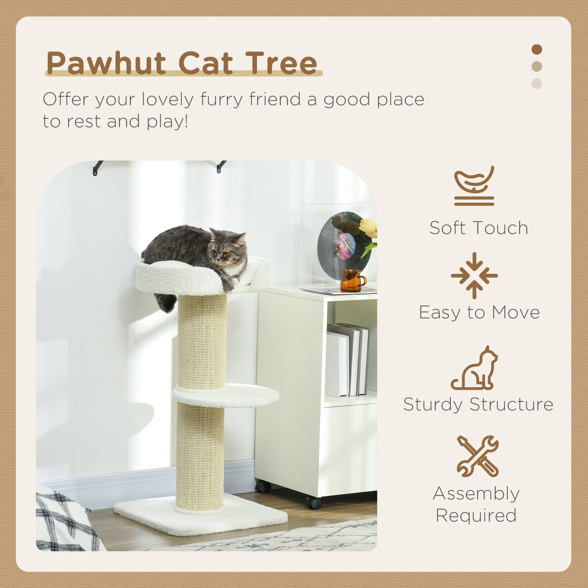 2 Tier Sisal Sherpa Cat Tree with Basket Cushion Sisal Post Cream White-3