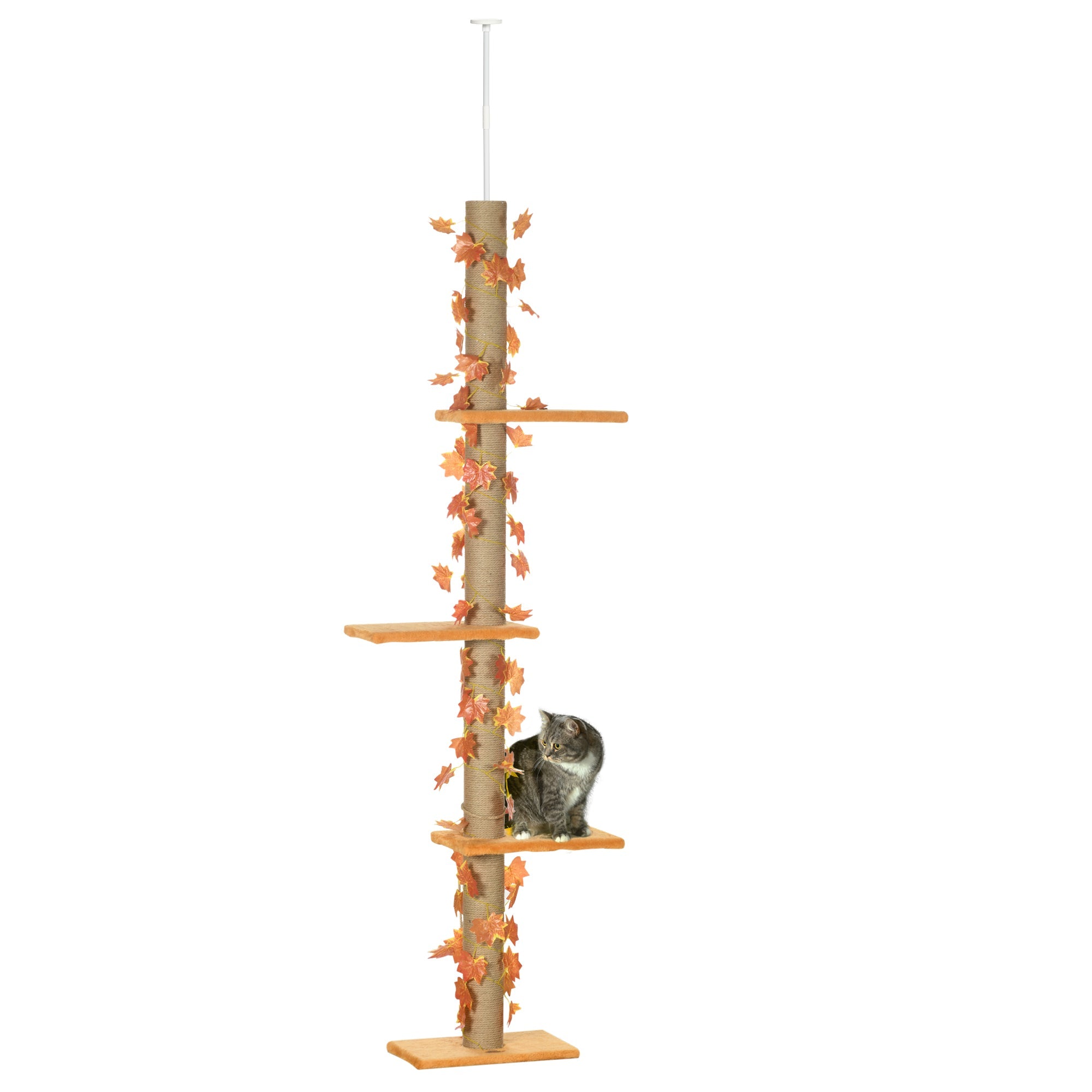 202-242cm Height Adjustable Floor to Ceiling Cat Tree for Cats with Sisal Scratching Post, 3- Tier Cat Tower-0