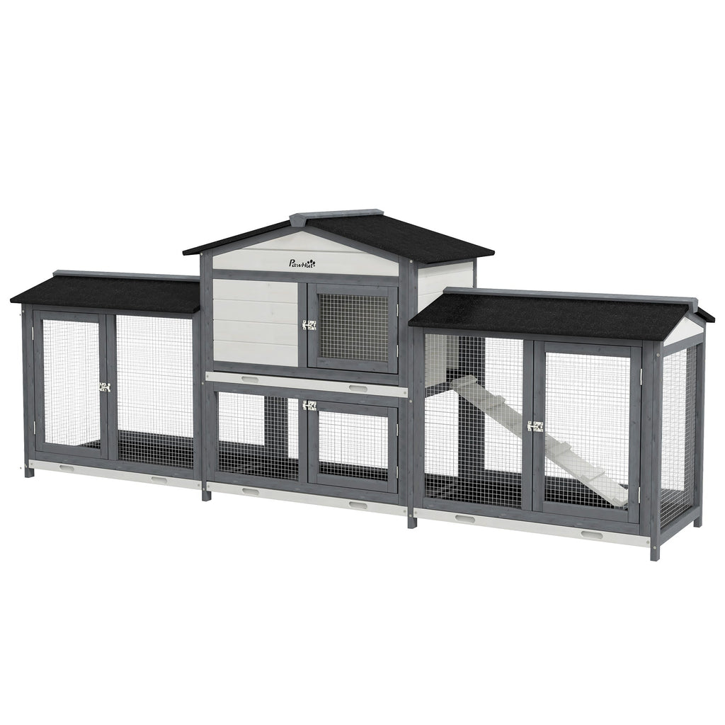 2-Tier Large Rabbit Hutch Outdoor with Double Side Run Boxes, No-leak Plastic Tray, Ramp, 230 x 53 x 93.5cm, Light Grey-0