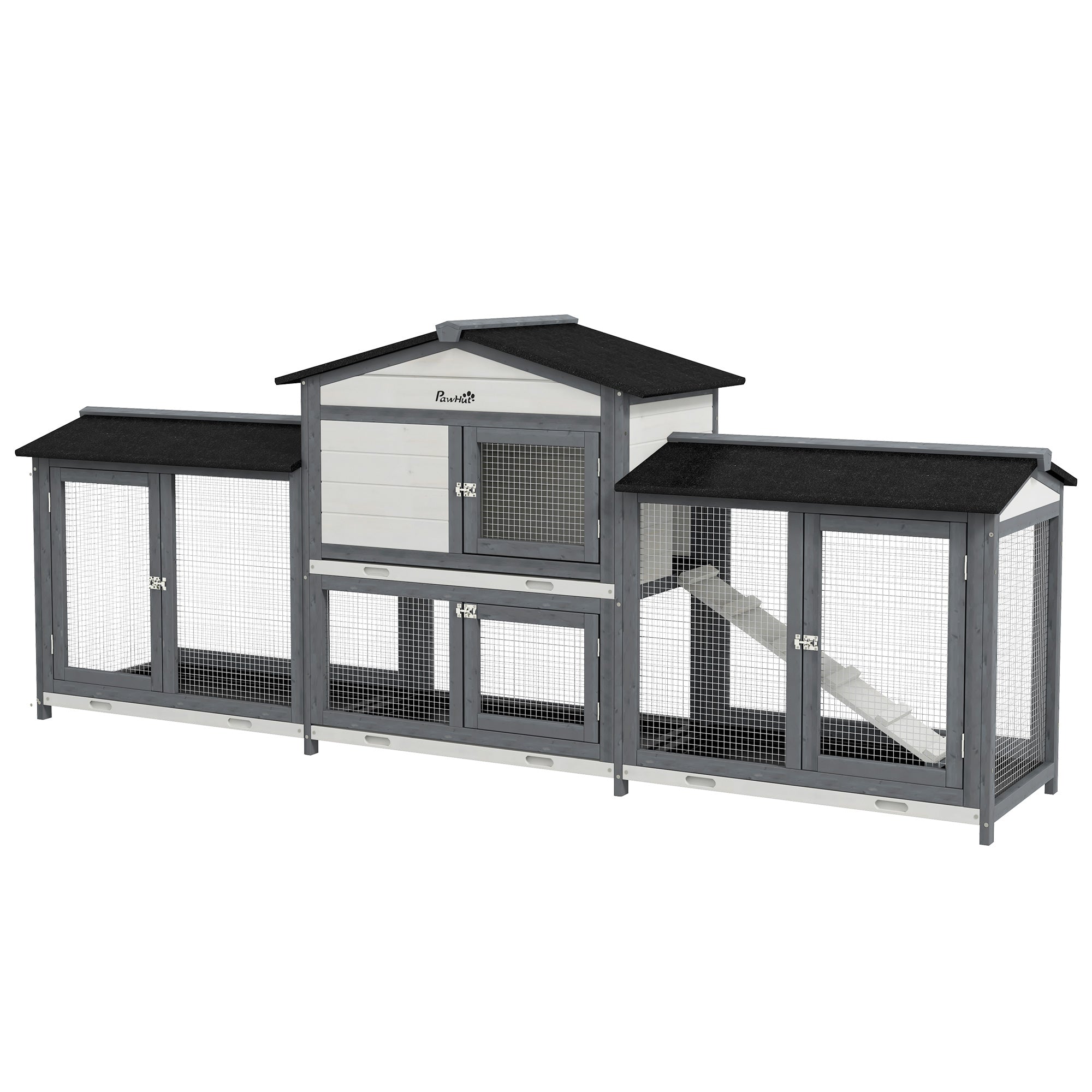 2-Tier Large Rabbit Hutch Outdoor with Double Side Run Boxes, No-leak Plastic Tray, Ramp, 230 x 53 x 93.5cm, Light Grey-0