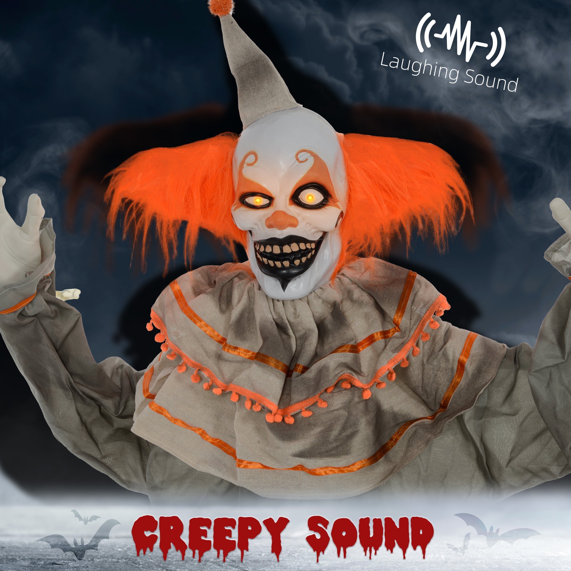6' Orange Clown Halloween Animatronic, with Glowing Eyes-3