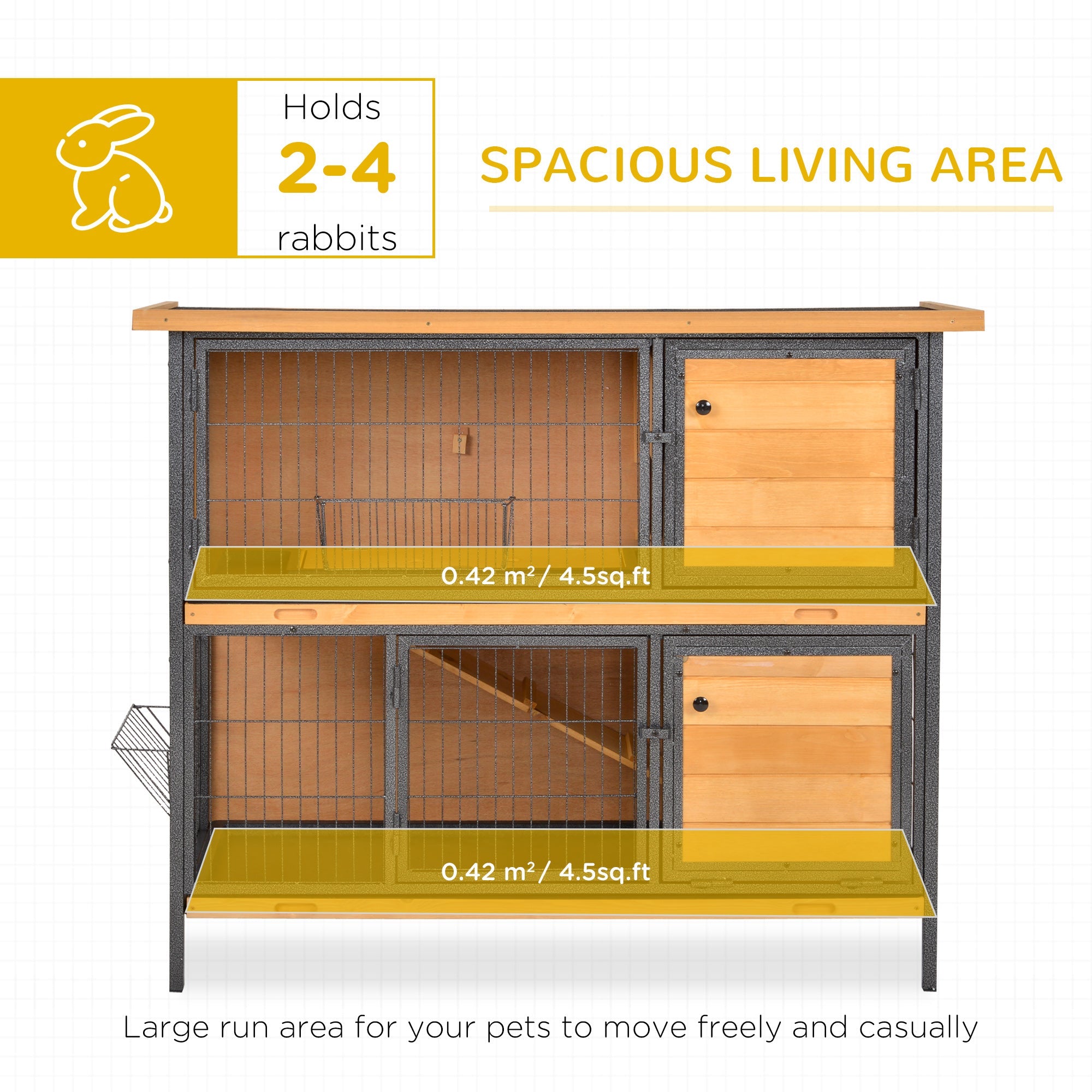 2-Floor Wooden Rabbit Hutch Bunny Cage Metal Frame Pet House with Slide-Out Tray Feeding Trough Ramp Lockable Door Openable Roof-3