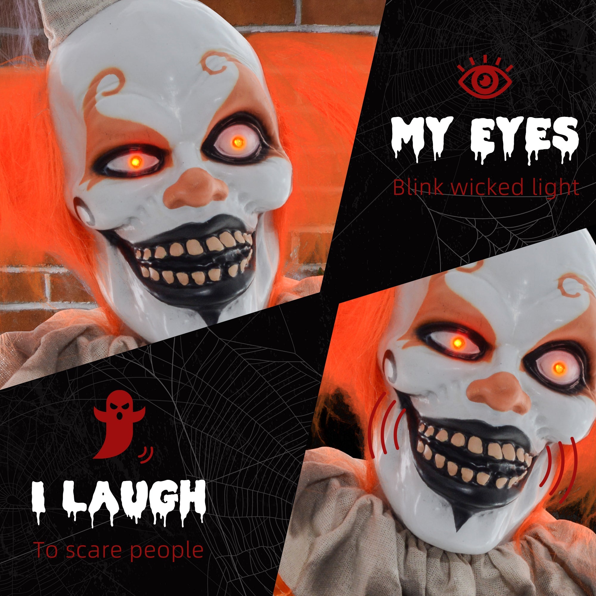 6' Orange Clown Halloween Animatronic, with Glowing Eyes-4