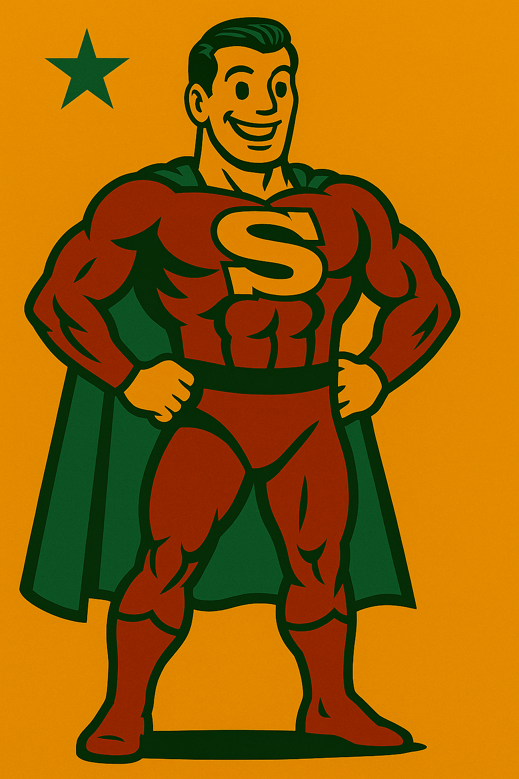 Mighty superhero in a red suit and green cape
